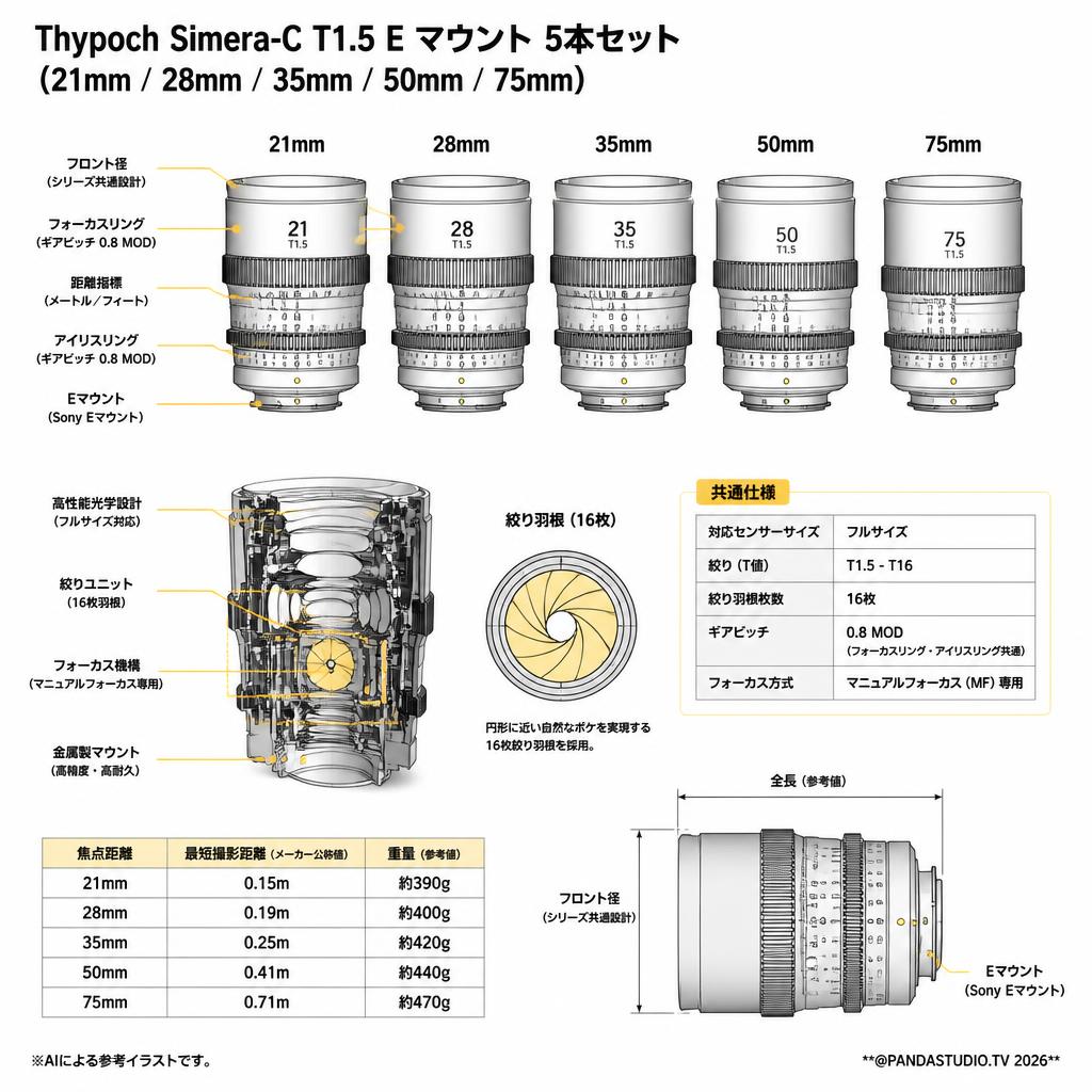 Thypoch Simera-C T1.5 E マウント 5本セット（21mm / 28mm / 35mm / 50mm / 75mm） スペック