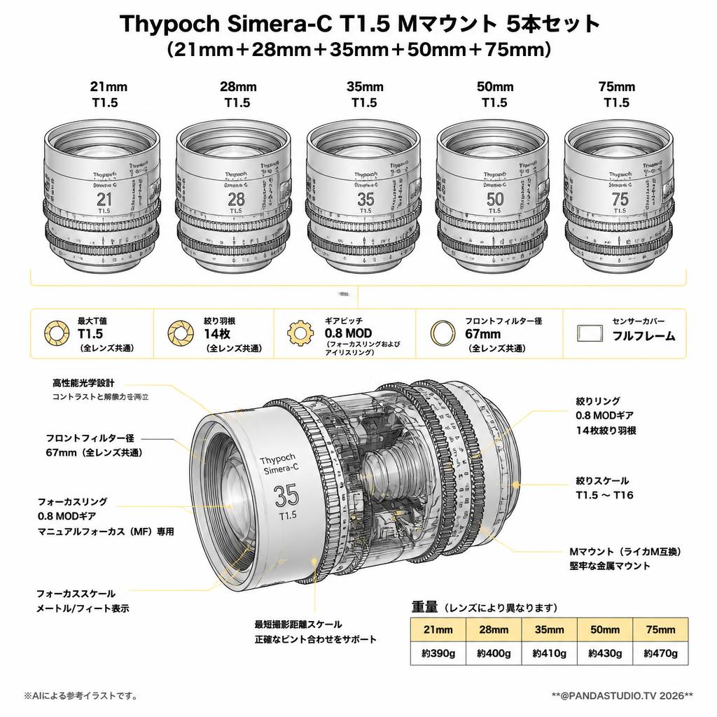 Thypoch Simera-C T1.5 Mマウント 5本セット（21mm＋28mm＋35mm＋50mm＋75mm） スペック