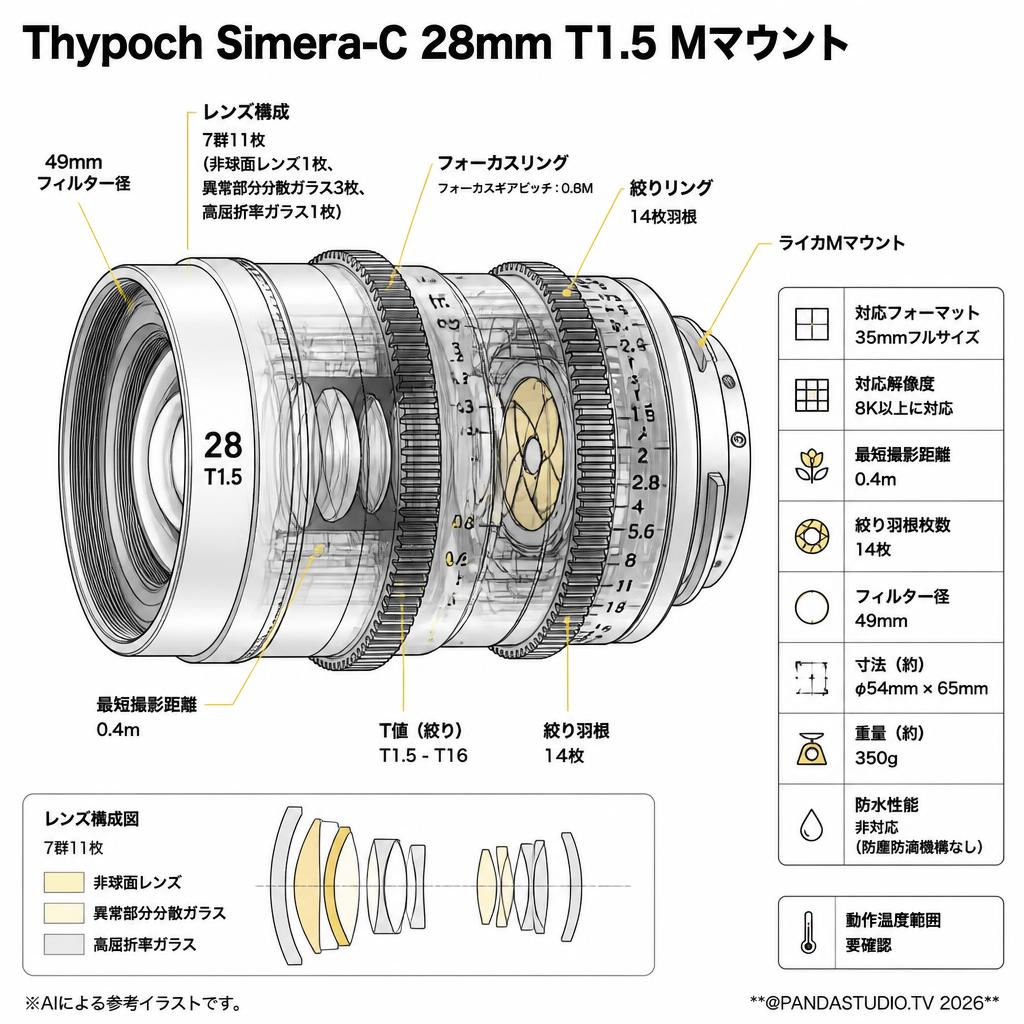 Thypoch Simera-C 28mm T1.5 Mマウント スペック