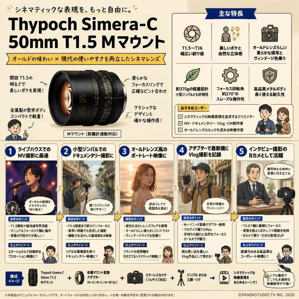 Thypoch Simera-C 50mm T1.5 Mマウント 用途