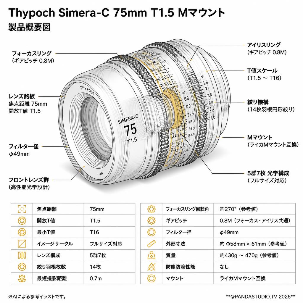 Thypoch Simera-C 75mm T1.5 Mマウント スペック