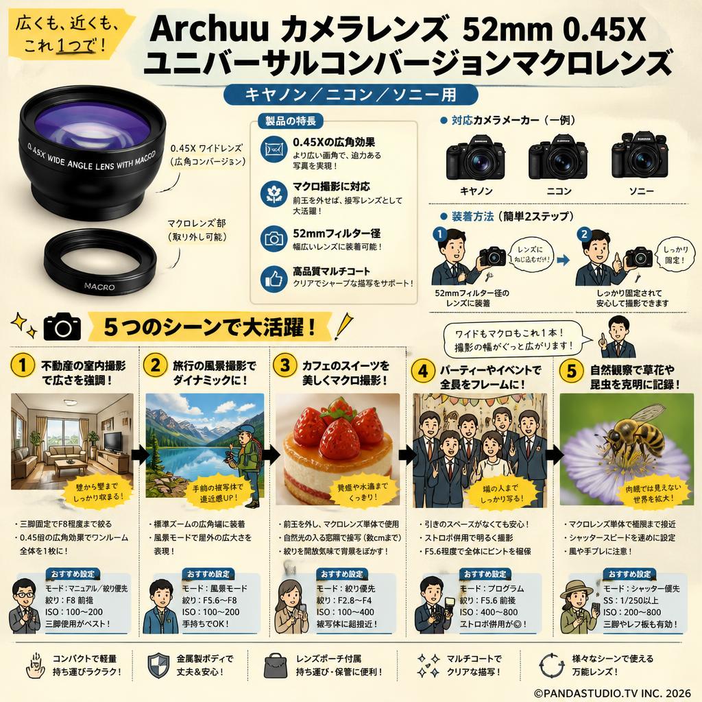 Archuu カメラレンズ 52mm 0.45X ユニバーサルコンバージョンマクロレンズ キヤノン/ニコン/ソニー用 用途