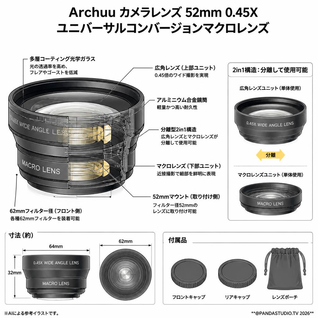 Archuu カメラレンズ 52mm 0.45X ユニバーサルコンバージョンマクロレンズ キヤノン/ニコン/ソニー用 スペック