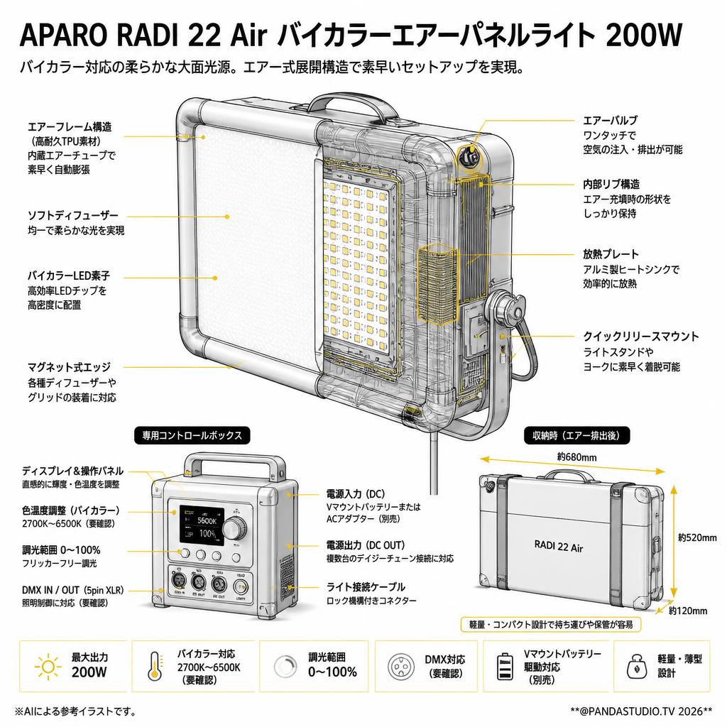APARO RADI 22 Air バイカラーエアーパネルライト 200W 【PROKIZAI.COM】 スペック