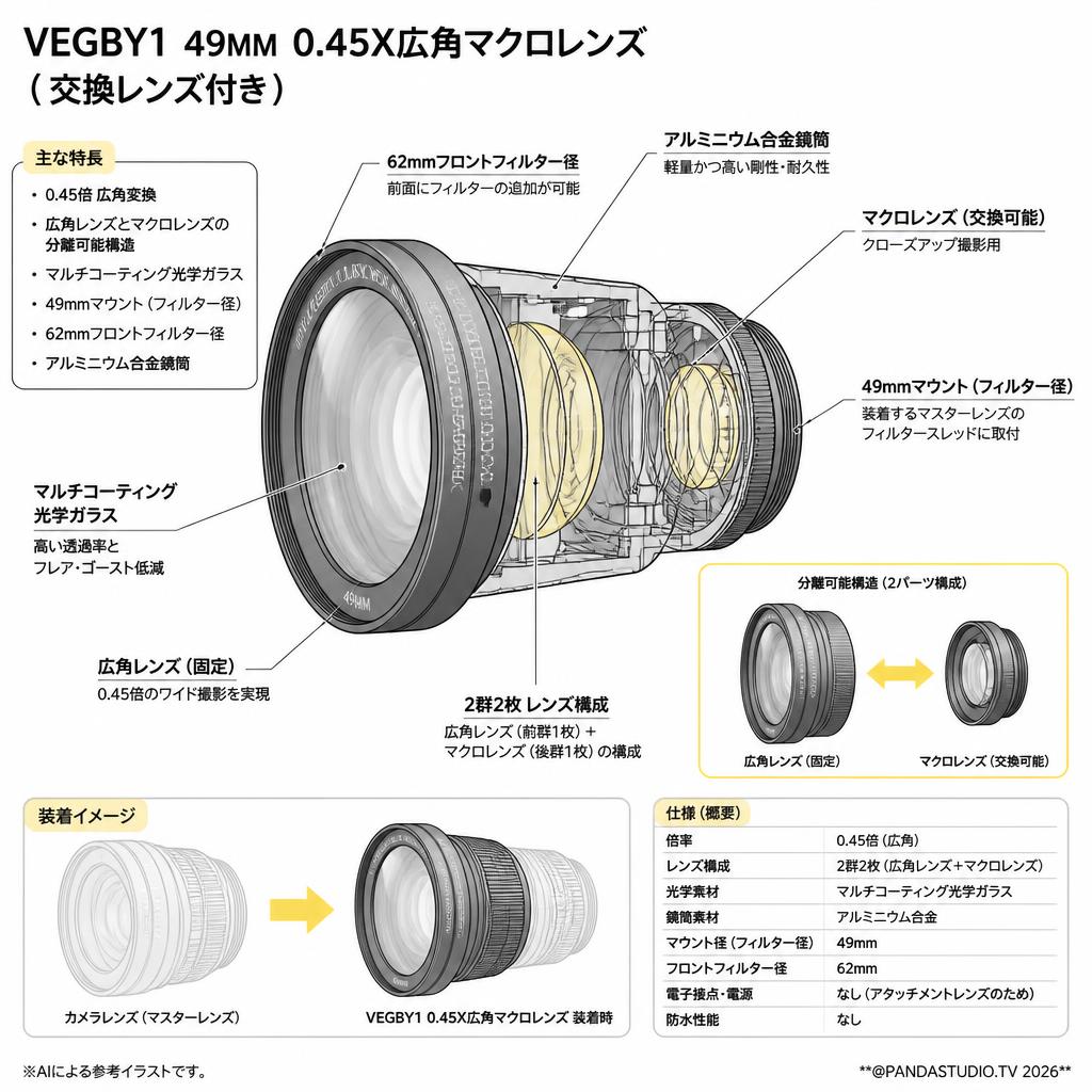 VEGBY1 49MM 0.45X広角マクロレンズ（ 交換レンズ付き ） スペック