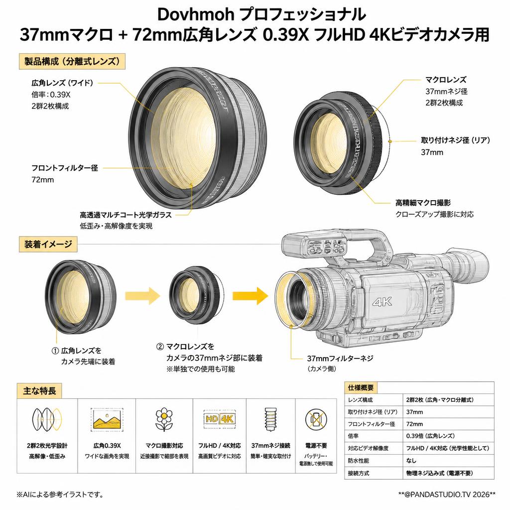 Dovhmoh プロフェッショナル37mmマクロ+ 72mm広角レンズ0.39XフルHD 4Kビデオカメラ用 スペック
