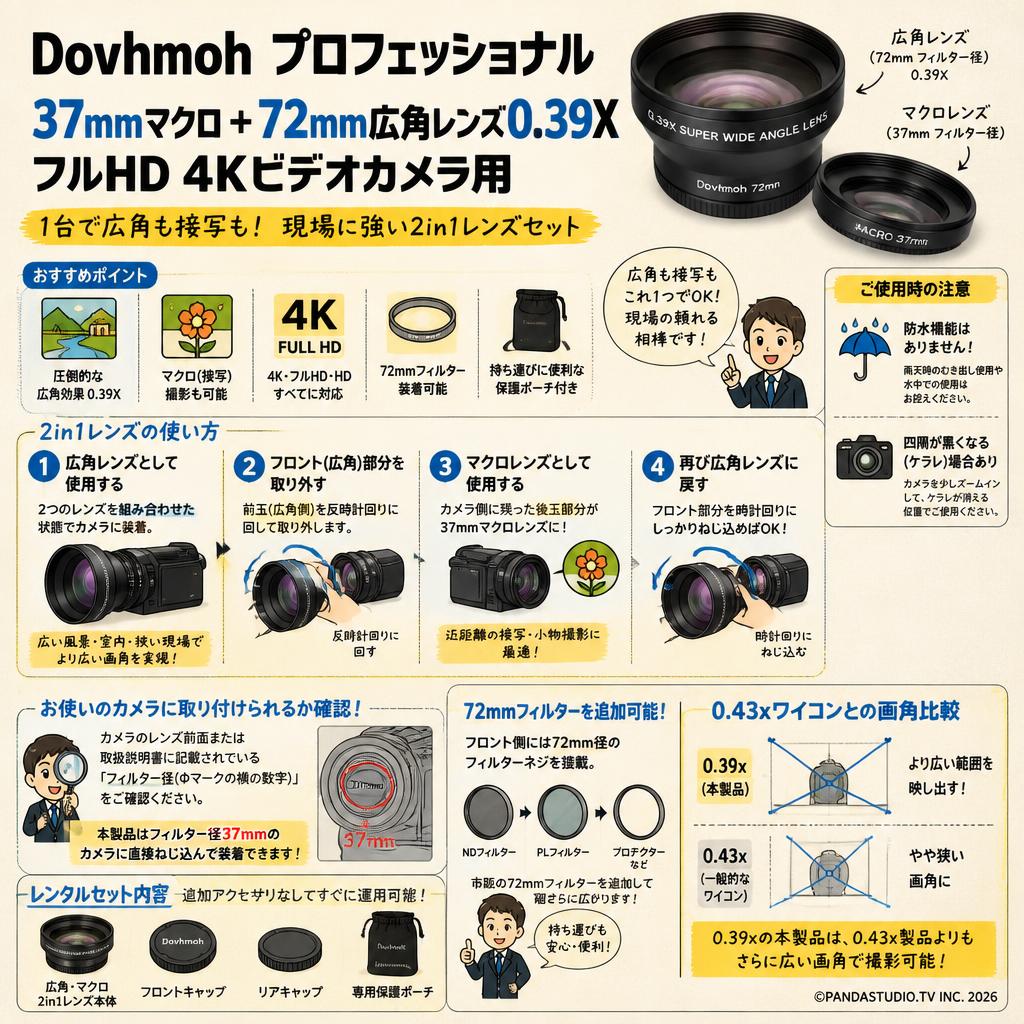 Dovhmoh プロフェッショナル37mmマクロ+ 72mm広角レンズ0.39XフルHD 4Kビデオカメラ用 FAQ（よくある質問と答え）