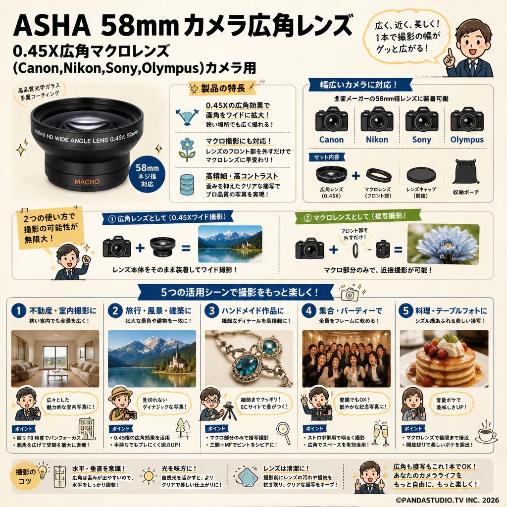 ASHA 58mmカメラ広角レンズ、0.45X広角マクロレンズ、( Canon,Nikon,Sony,Olympus )カメラ用 用途
