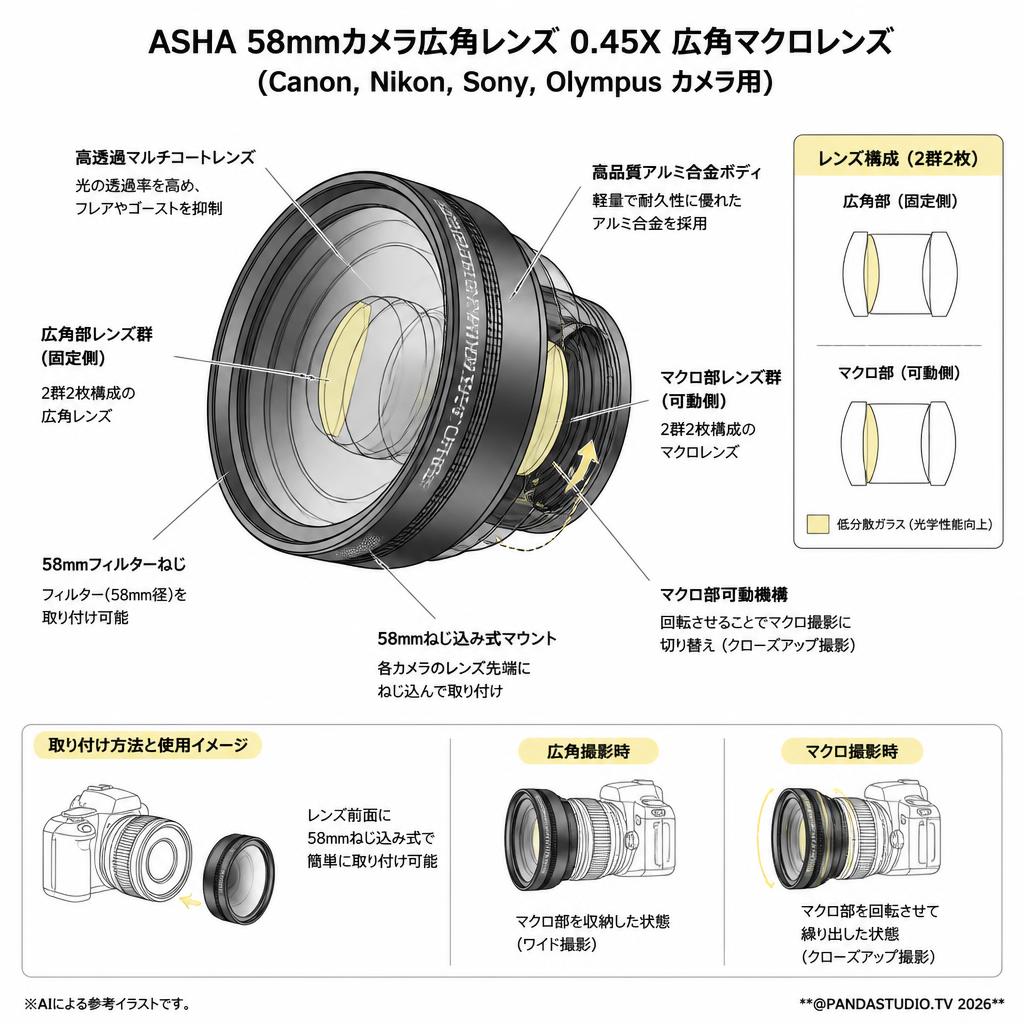 ASHA 58mmカメラ広角レンズ、0.45X広角マクロレンズ、( Canon,Nikon,Sony,Olympus )カメラ用 スペック
