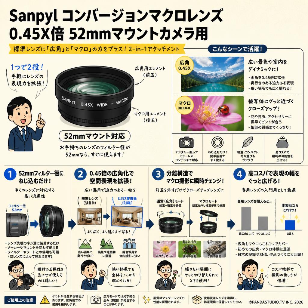 Sanpyl コンバージョンマクロレンズ 0.45X倍 52mmマウントカメラ用 概要