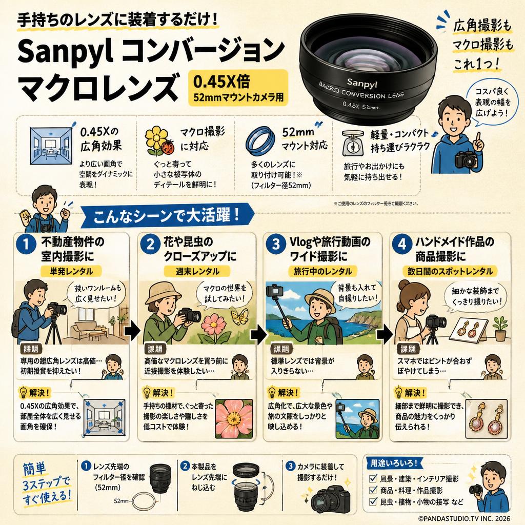 Sanpyl コンバージョンマクロレンズ 0.45X倍 52mmマウントカメラ用 おもな対象のお客様