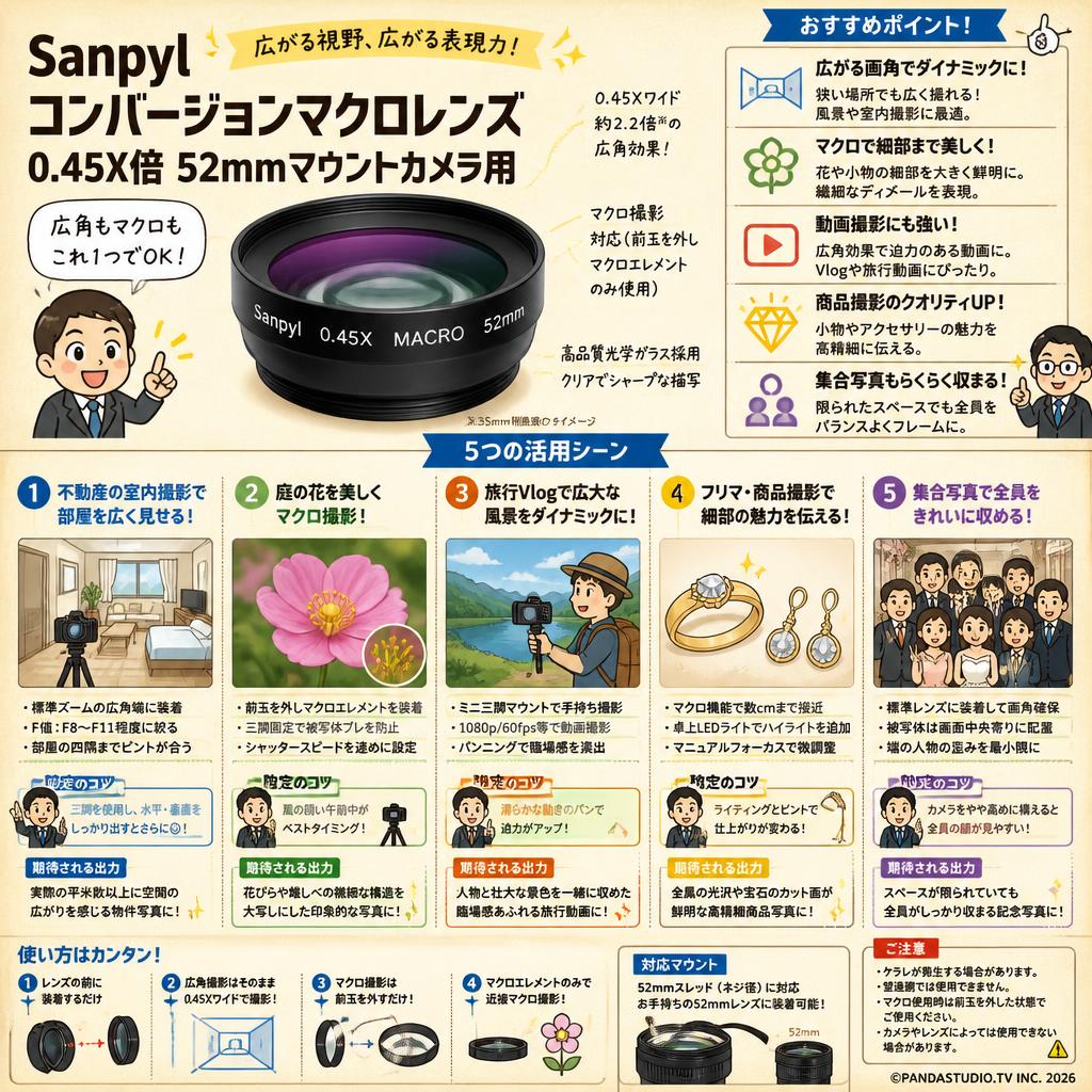 Sanpyl コンバージョンマクロレンズ 0.45X倍 52mmマウントカメラ用 用途