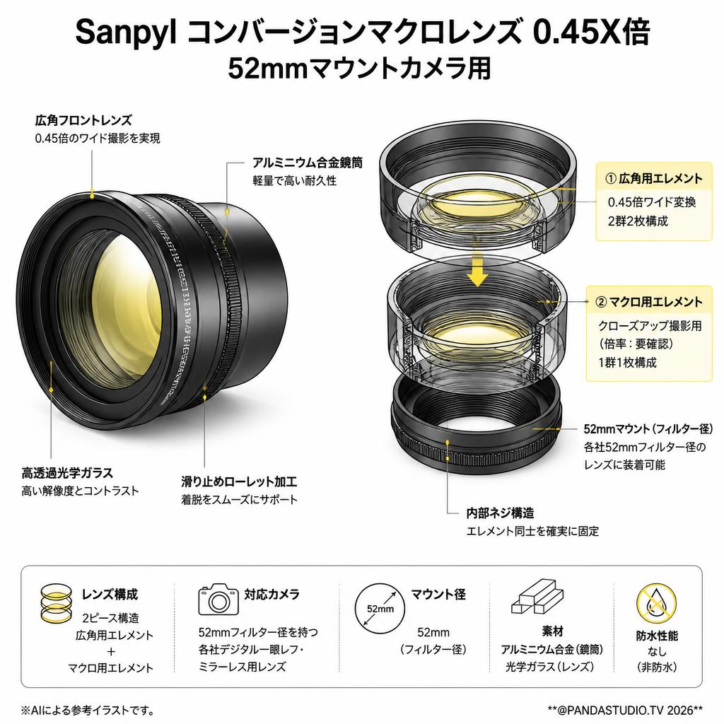 Sanpyl コンバージョンマクロレンズ 0.45X倍 52mmマウントカメラ用 スペック