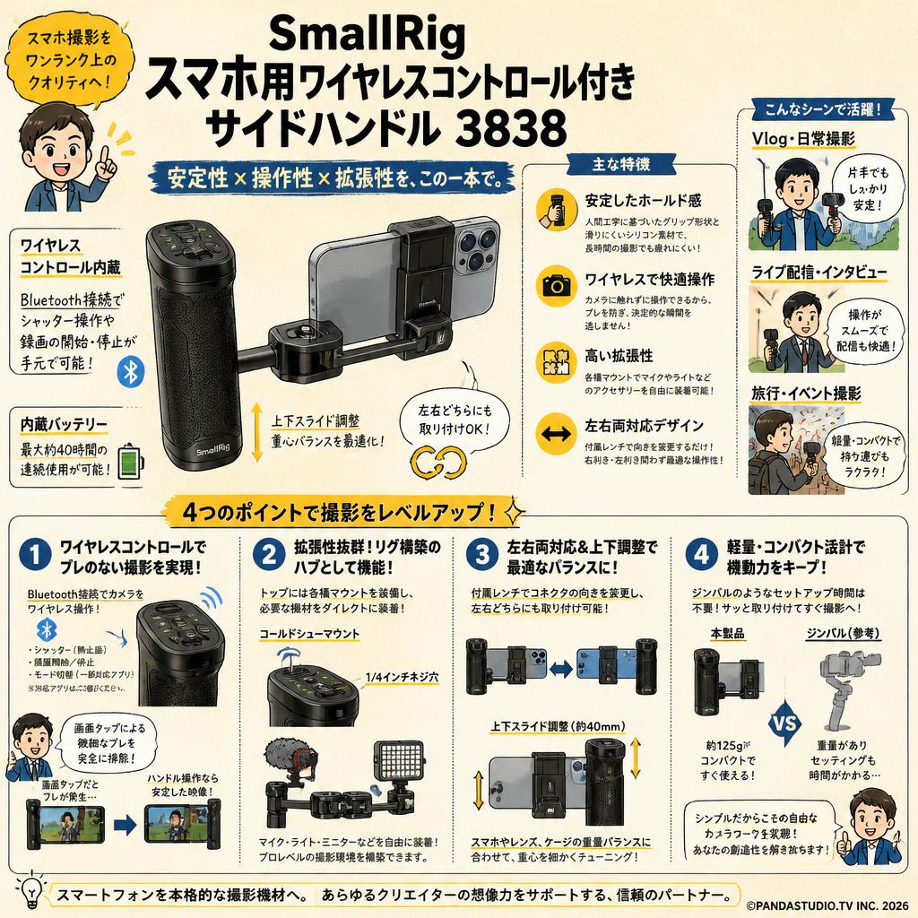 SmallRig スマホ用ワイヤレスコントロール付きサイドハンドル 3838 概要