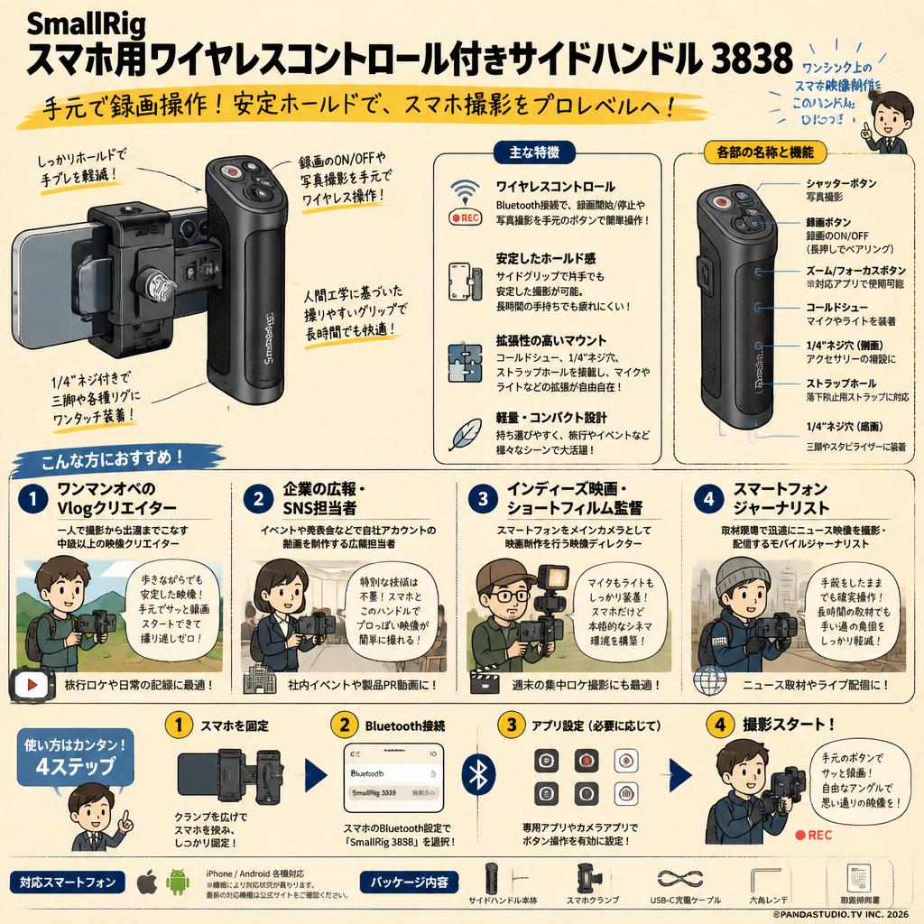 SmallRig スマホ用ワイヤレスコントロール付きサイドハンドル 3838 おもな対象のお客様