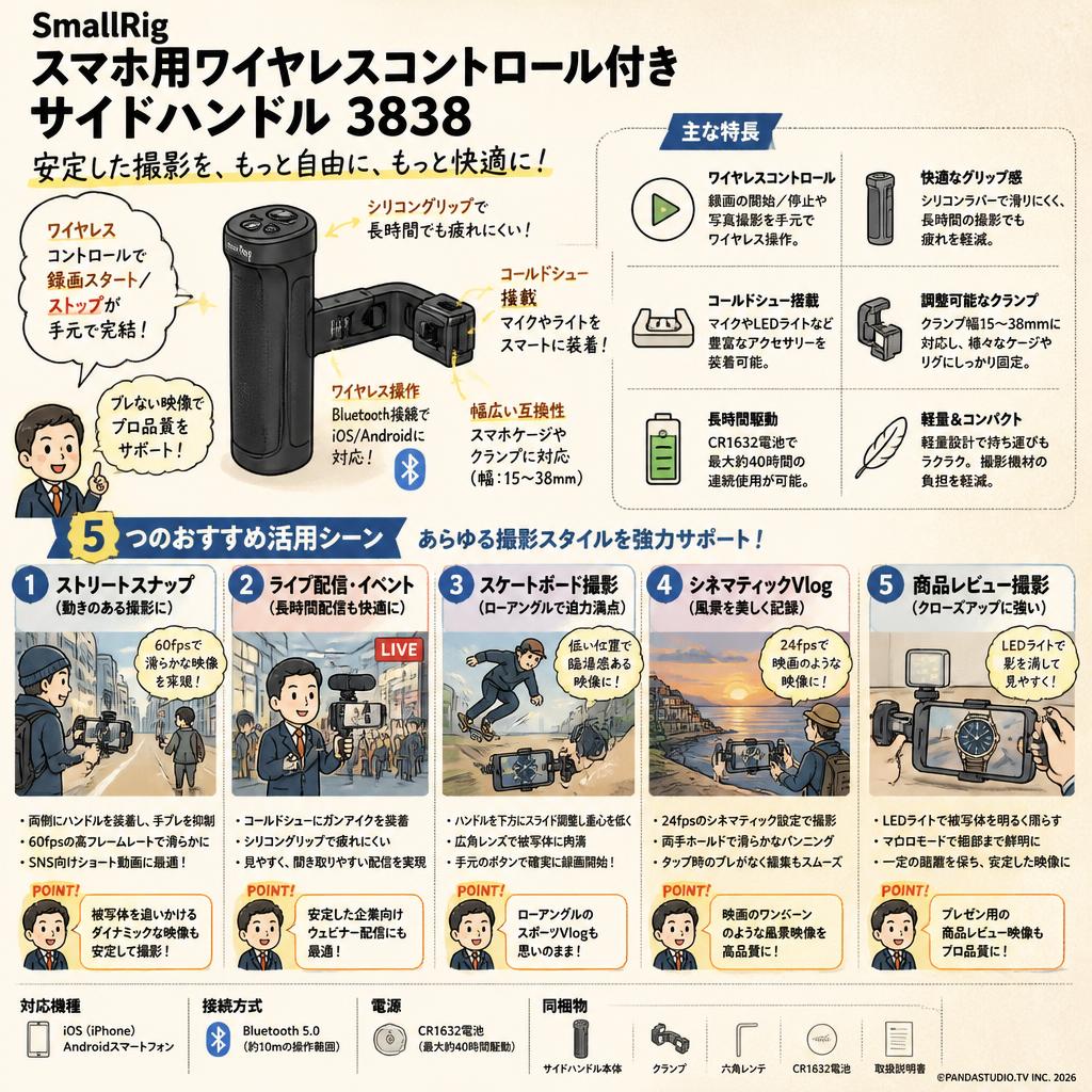 SmallRig スマホ用ワイヤレスコントロール付きサイドハンドル 3838 用途