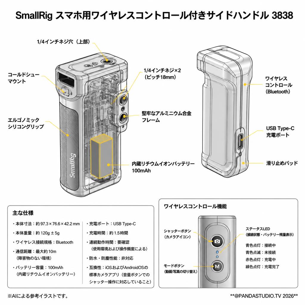 SmallRig スマホ用ワイヤレスコントロール付きサイドハンドル 3838 スペック