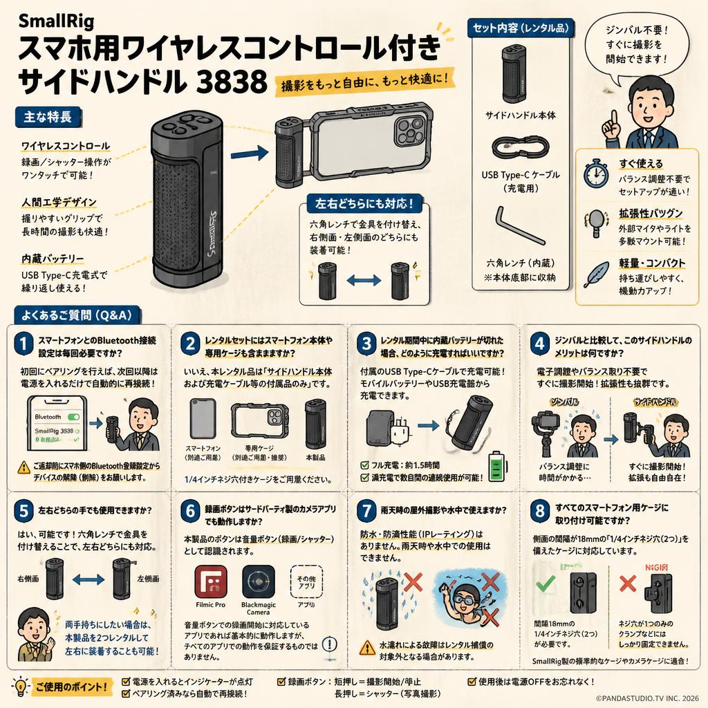 SmallRig スマホ用ワイヤレスコントロール付きサイドハンドル 3838 FAQ（よくある質問と答え）