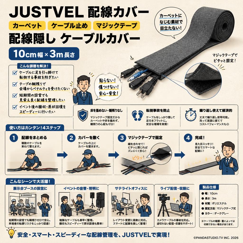 JUSTVEL 配線カバー カーペット ケーブル止め マジックテープ 配線隠し ケーブルカバー コードカバー  10cm×3m おもな対象のお客様