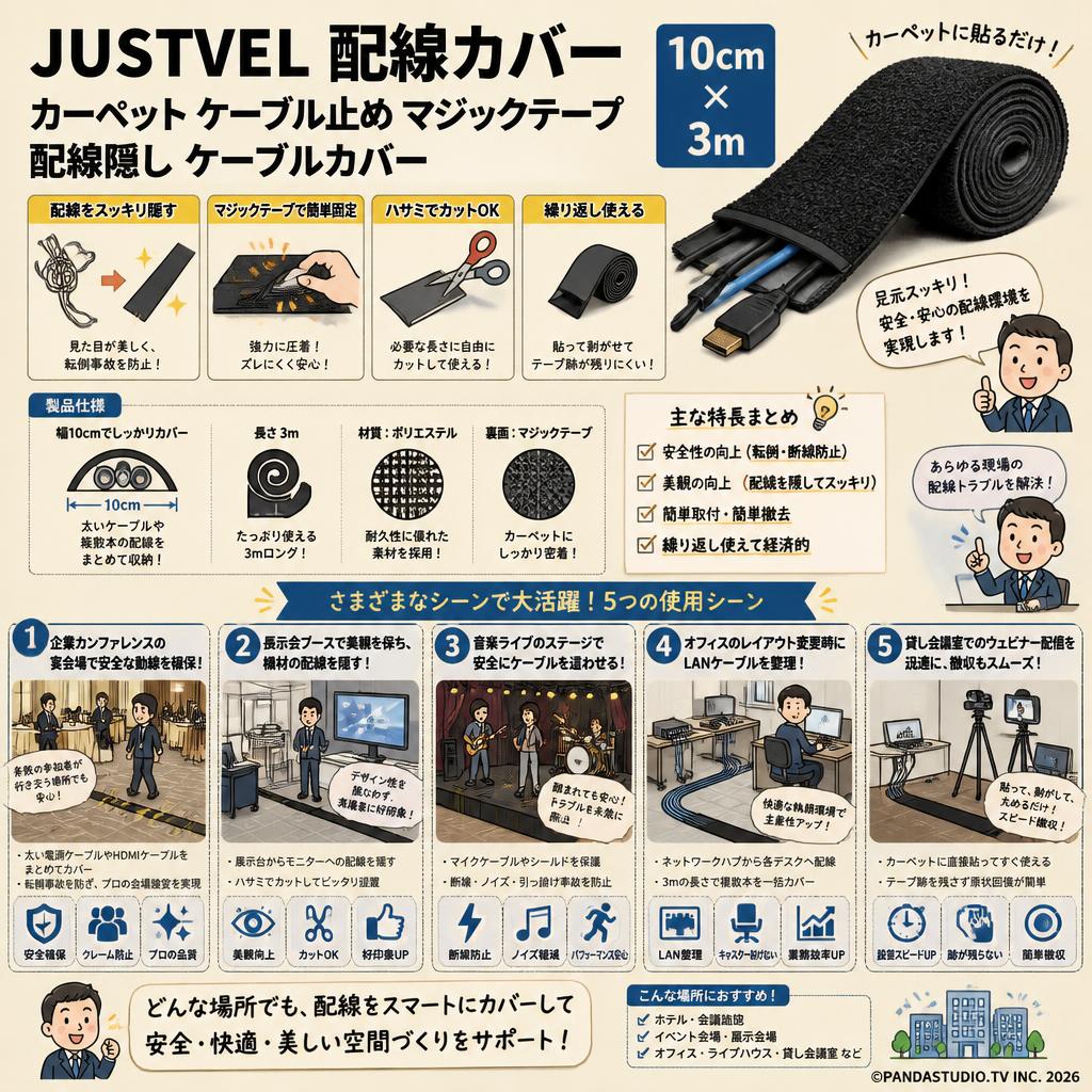 JUSTVEL 配線カバー カーペット ケーブル止め マジックテープ 配線隠し ケーブルカバー コードカバー  10cm×3m 用途