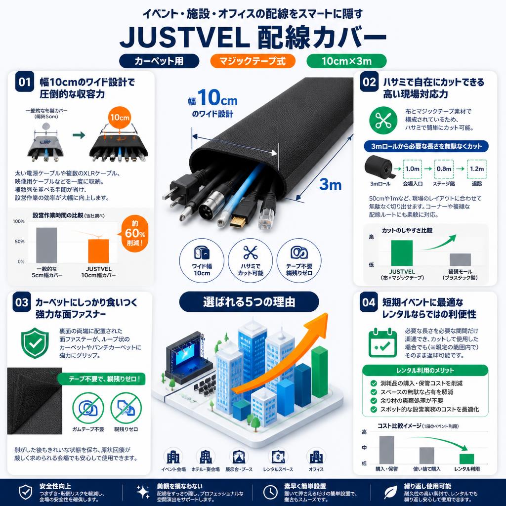JUSTVEL 配線カバー カーペット ケーブル止め マジックテープ 配線隠し ケーブルカバー コードカバー  10cm×3m セールスポイント