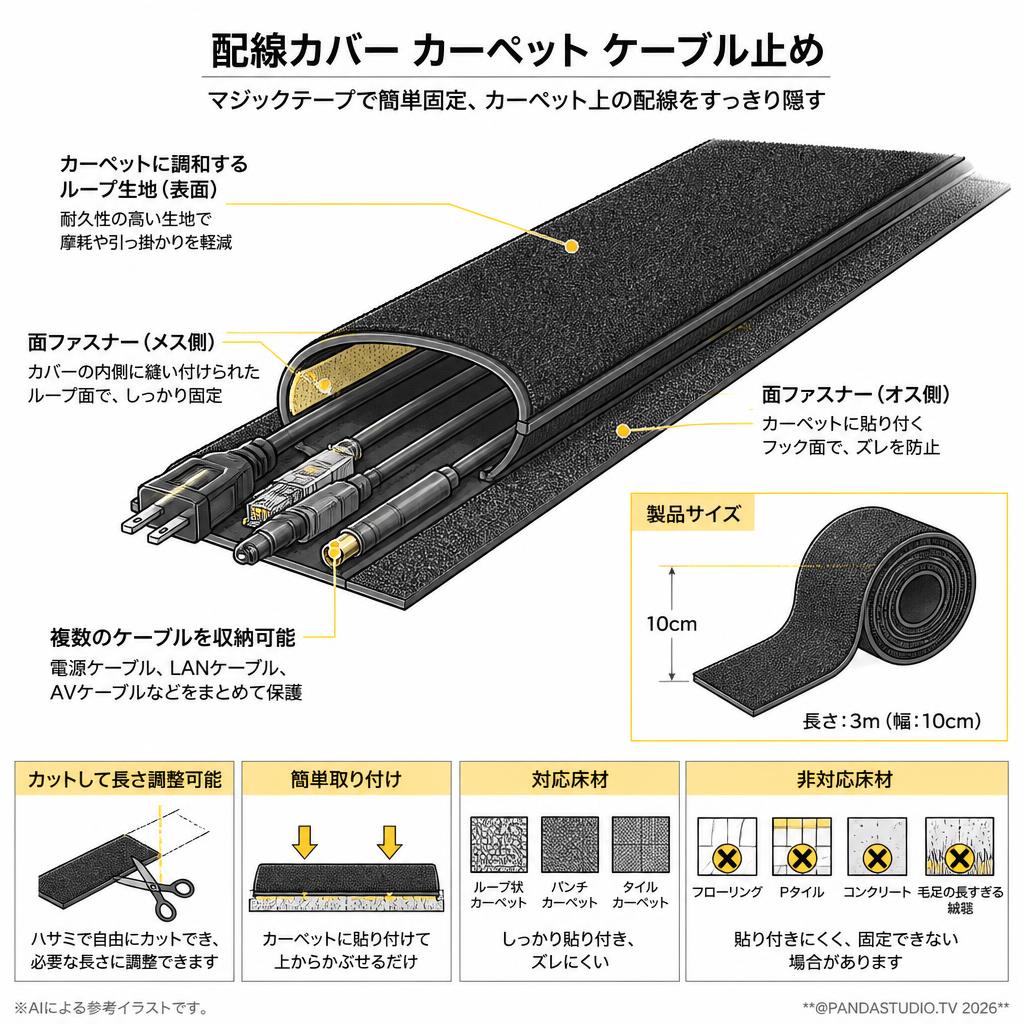 JUSTVEL 配線カバー カーペット ケーブル止め マジックテープ 配線隠し ケーブルカバー コードカバー  10cm×3m スペック