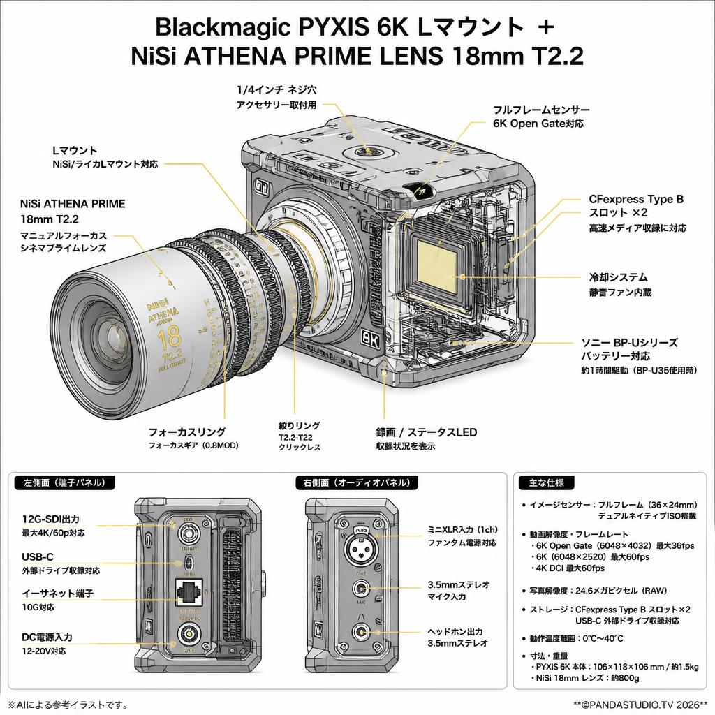 Blackmagic PYXIS 6K Lマウント＋ NiSi ATHENA PRIME LENS 18mm T2.2 スペック