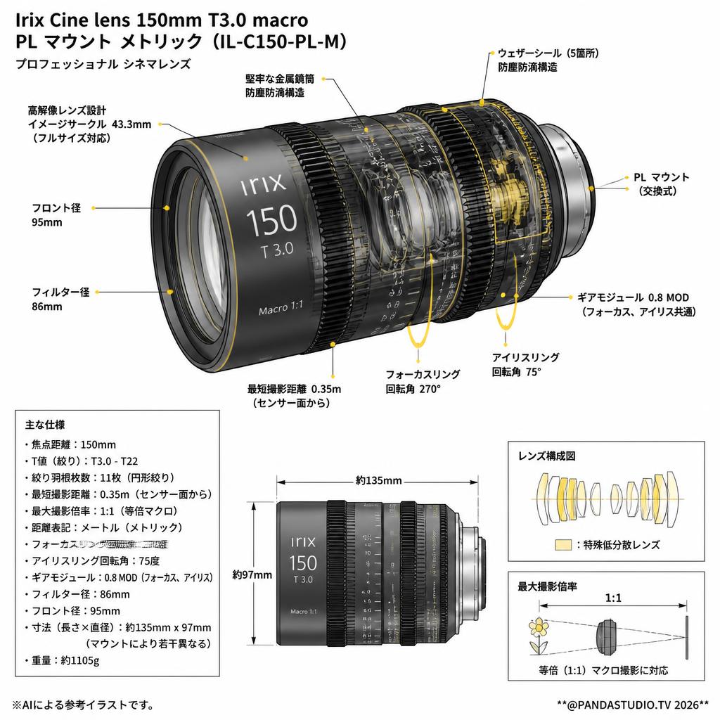 Irix Cine lens 150mm T3.0 macro PL マウント メトリック（IL-C150-PL-M） スペック