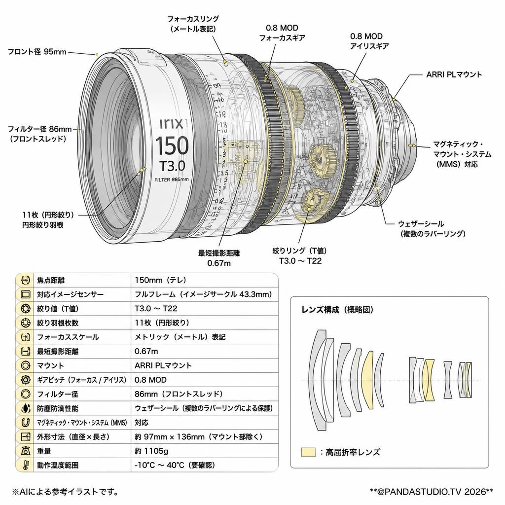 Irix Cine lens 150mm T3.0 Tele PL マウント メトリック（IL-C150T-PL-M） スペック