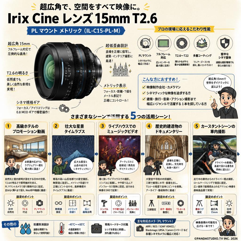Irix Cine lens 15mm T2.6 PL マウント メトリック（IL-C15-PL-M） 用途