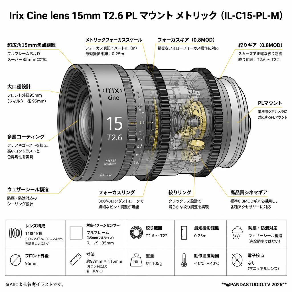 Irix Cine lens 15mm T2.6 PL マウント メトリック（IL-C15-PL-M） スペック