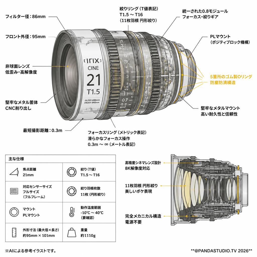 Irix Cine lens 21mm T1.5 PL マウント メトリック（IL-C21-PL-M） スペック