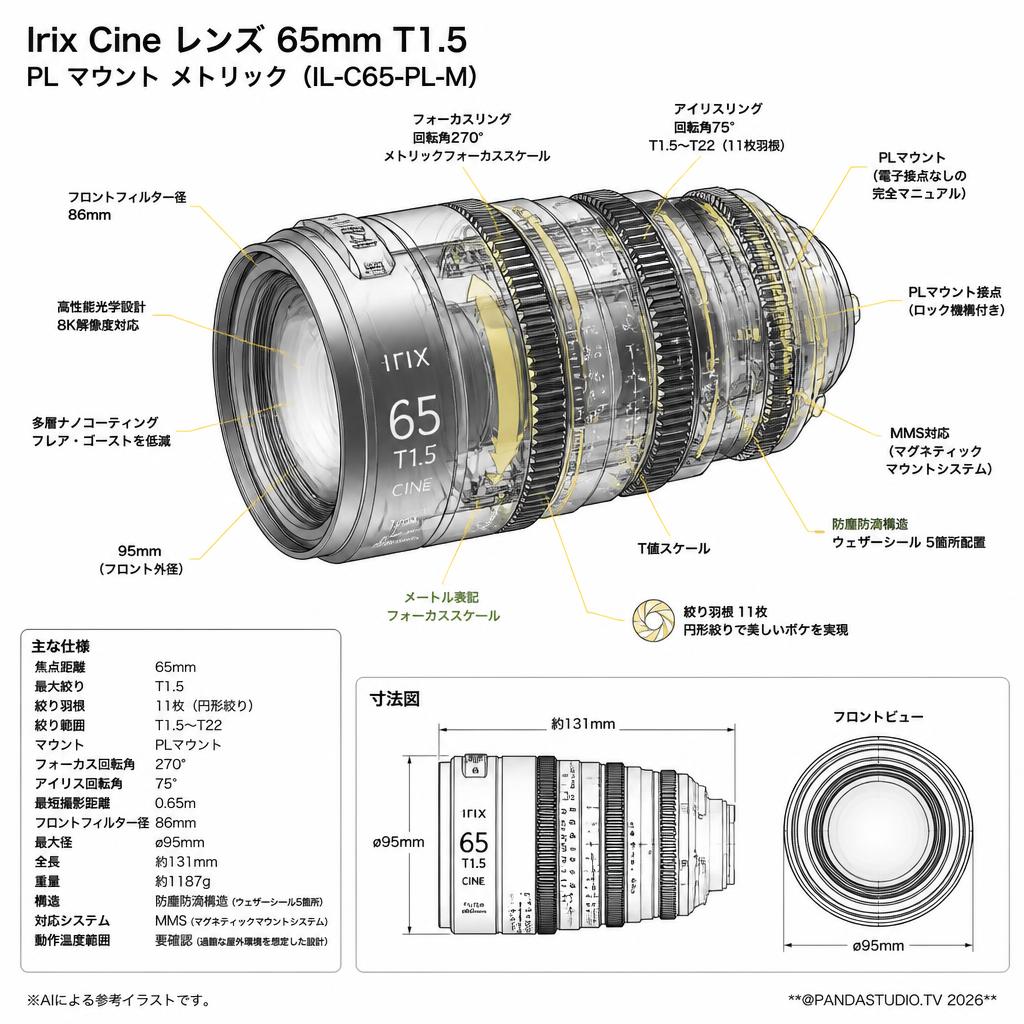 Irix Cine lens 65mm T1.5 PL マウント メトリック（IL-C65-PL-M） スペック