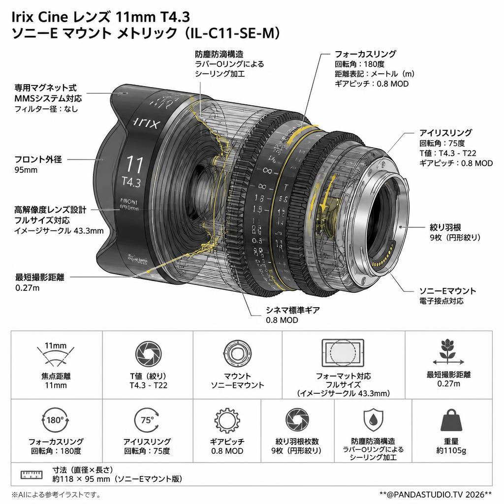 Irix Cine lens 11mm T4.3 ソニーE マウント メトリック（IL-C11-SE-M） スペック