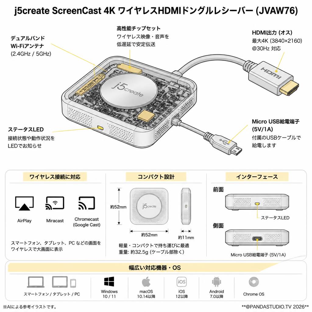 j5create ScreenCast 4K ワイヤレスHDMIドングルレシーバー ( JVAW76 ) スペック