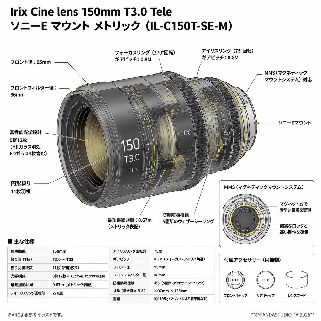 Irix Cine lens 150mm T3.0 Tele ソニーE マウント メトリック（IL-C150T-SE-M） スペック