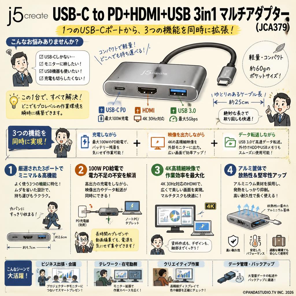 j5create USB-C to PD+HDMI+USB 3in1 マルチアダプター (JCA379) 概要