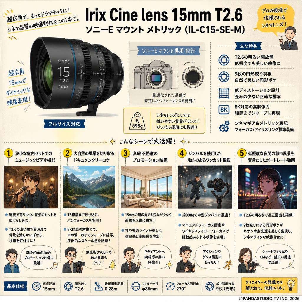 Irix Cine lens 15mm T2.6 ソニーE マウント メトリック（IL-C15-SE-M） 用途