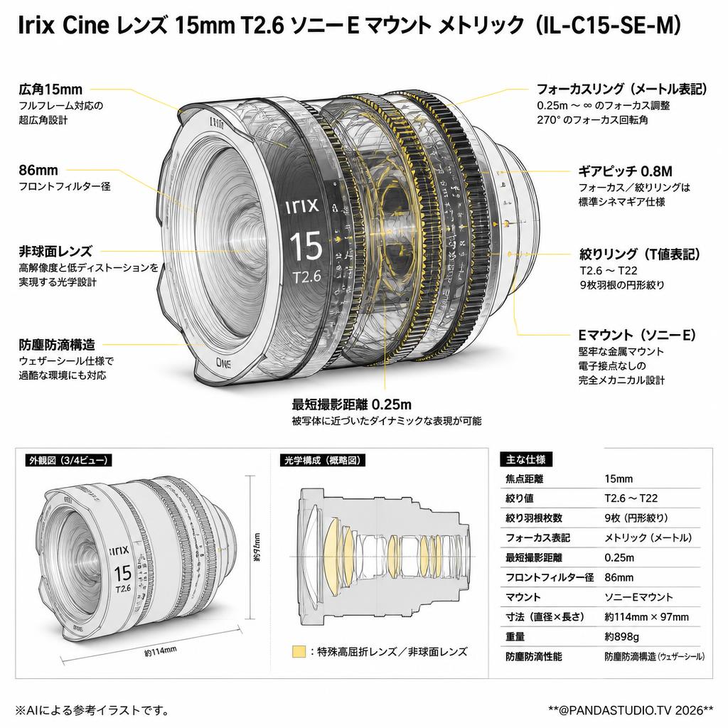 Irix Cine lens 15mm T2.6 ソニーE マウント メトリック（IL-C15-SE-M） スペック