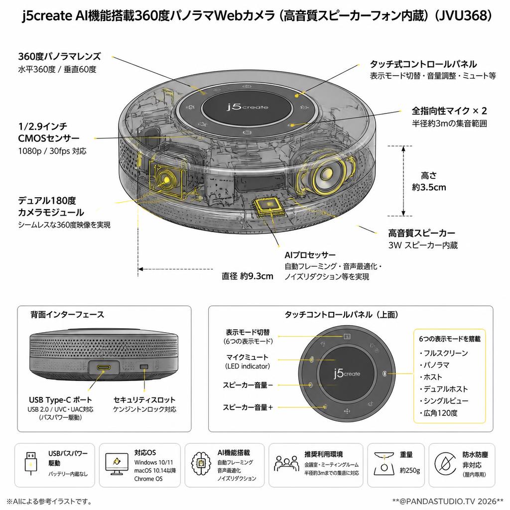 j5create AI機能搭載360度パノラマWebカメラ（高音質スピーカーフォン内蔵） ( JVU368 ) スペック