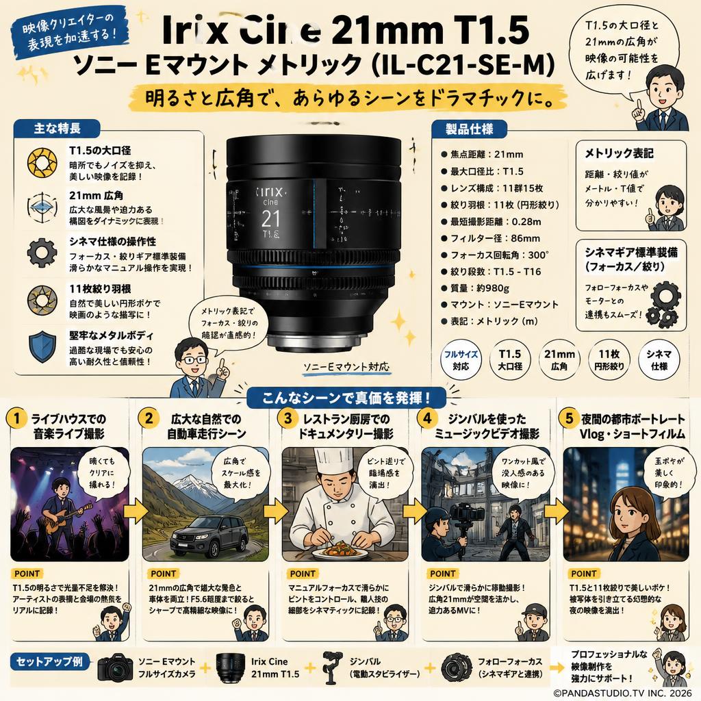 Irix Cine lens 21mm T1.5ソニーE マウント メトリック（IL-C21-SE-M） 用途