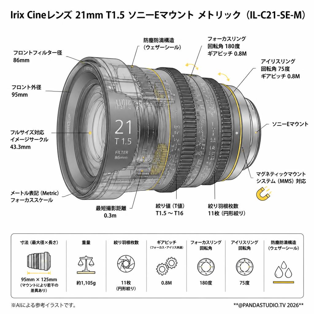 Irix Cine lens 21mm T1.5ソニーE マウント メトリック（IL-C21-SE-M） スペック