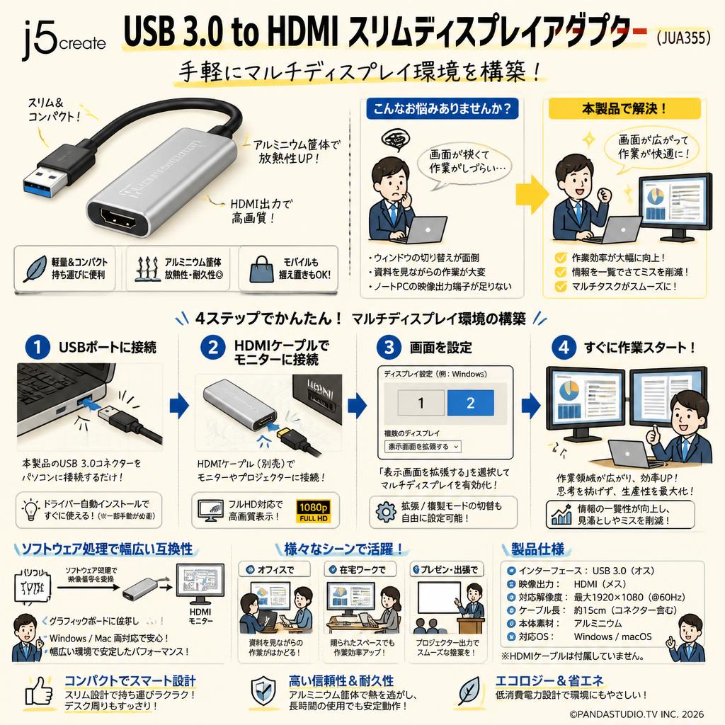 j5create USB 3.0 to HDMI スリムディスプレイアダプター （JUA355） 概要