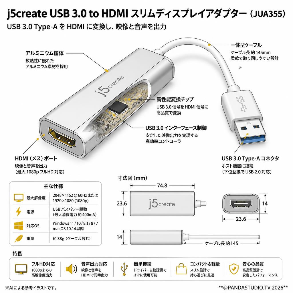 j5create USB 3.0 to HDMI スリムディスプレイアダプター （JUA355） スペック