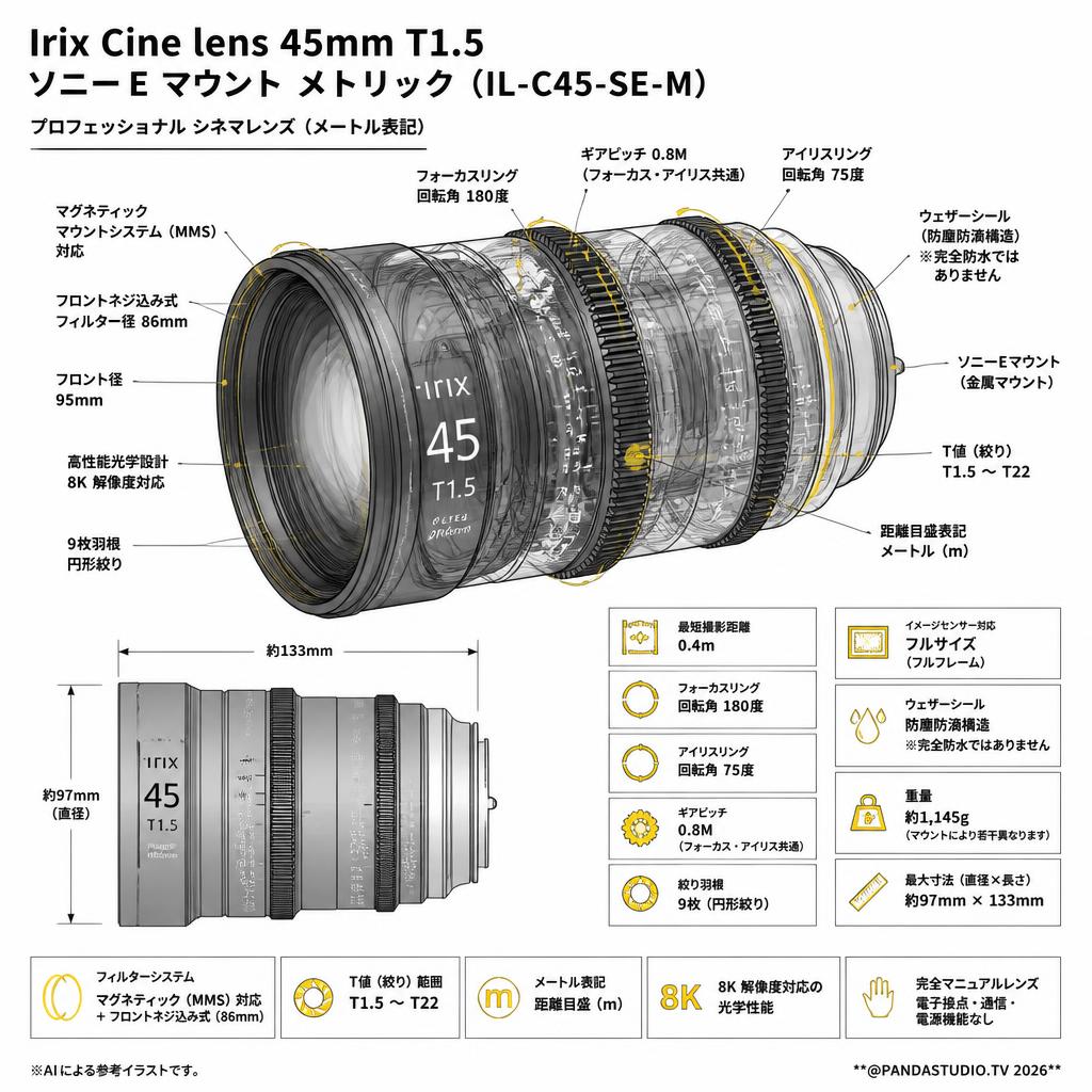 Irix Cine lens 45mm T1.5 ソニーE マウント メトリック（IL-C45-SE-M） スペック