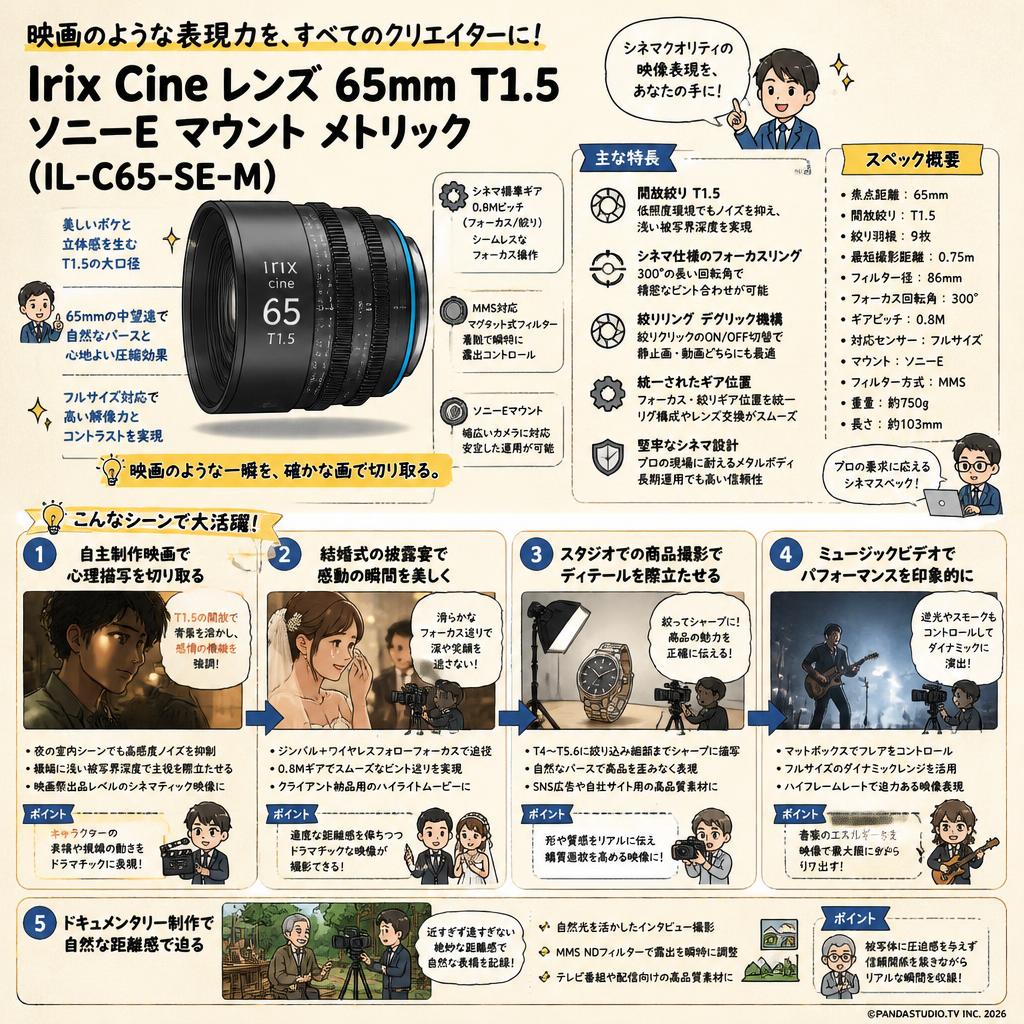 Irix Cine lens 65mm T1.5 ソニーE マウント メトリック（IL-C65-SE-M） 用途