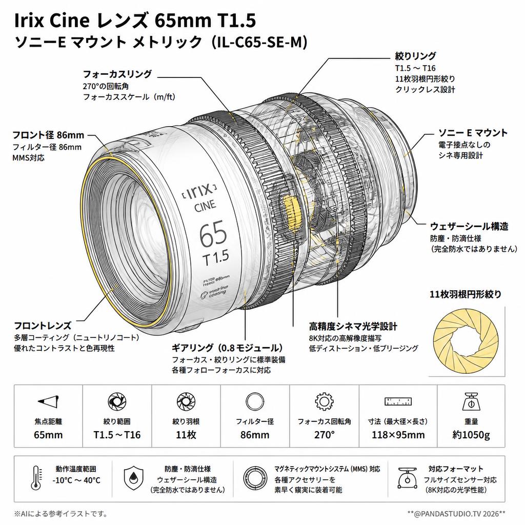 Irix Cine lens 65mm T1.5 ソニーE マウント メトリック（IL-C65-SE-M） スペック