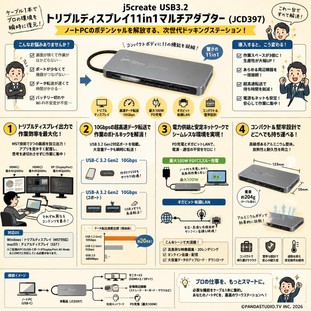j5create  USB3.2 トリプルディスプレイ11in1マルチアダプター (JCD397) 概要