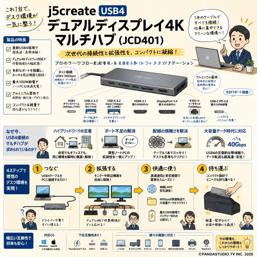 j5create  USB4 デュアルディスプレイ4K マルチハブ (JCD401) 概要