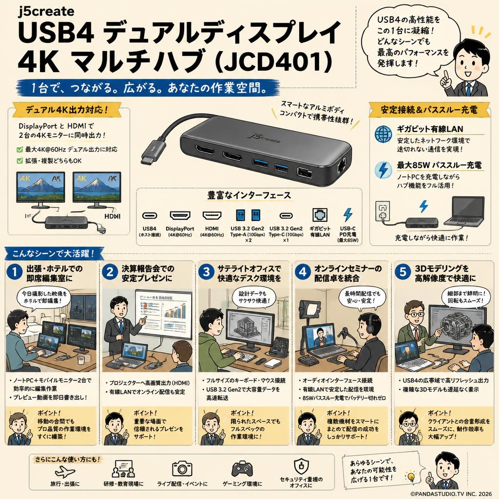 j5create  USB4 デュアルディスプレイ4K マルチハブ (JCD401) 用途